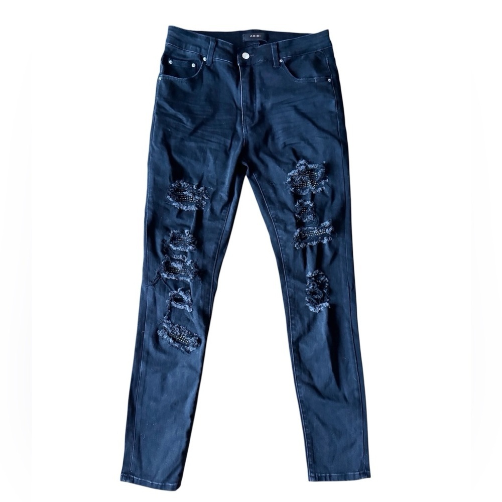 Amiri Mens 32 Skinny Distressed Black Denim Jeans Ripped Rhinestones Grunge Rock